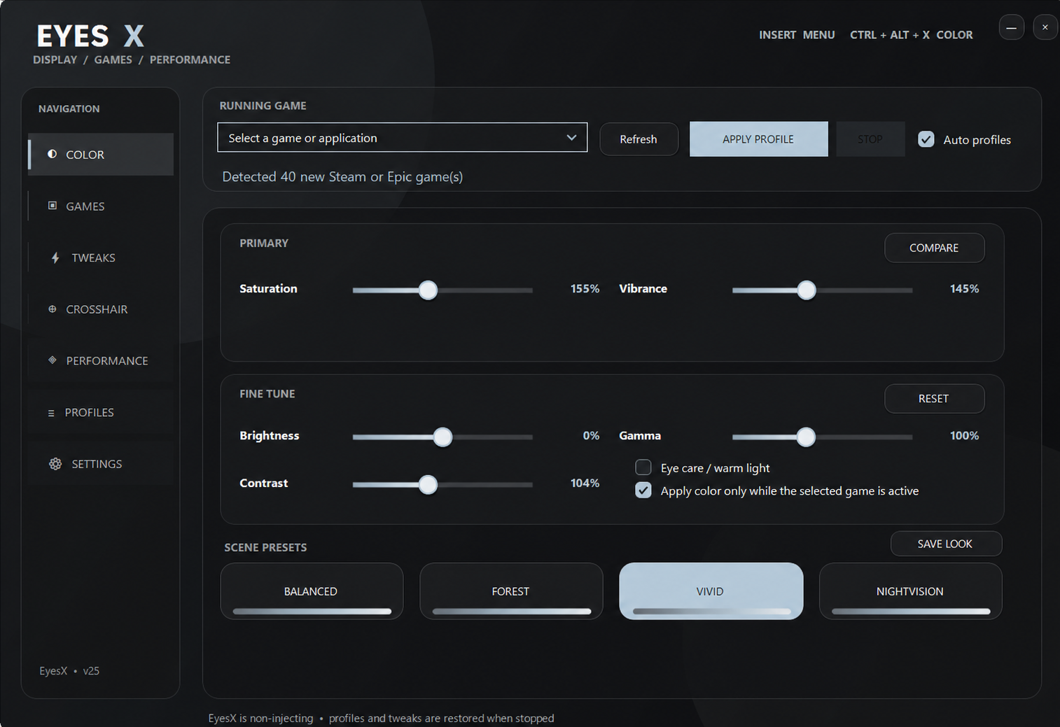 EyesX desktop application showing color controls and game profiles
